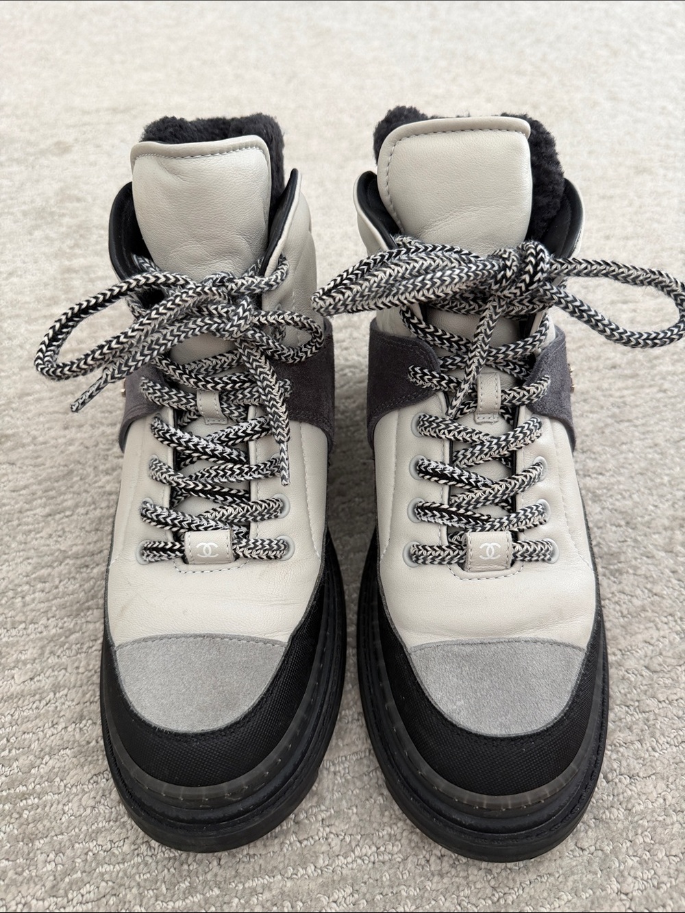 CHANEL White & Gray Leather Suede Lace-Up Snow Boots